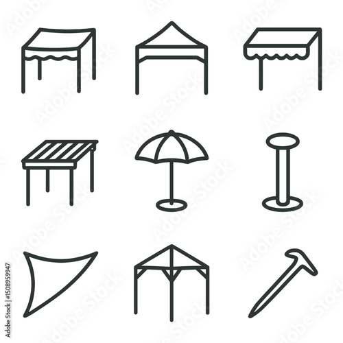 Shade Canopy Icons. Outline icon set of shade canopy: fabric canopy, pop-up tent, retractable awning