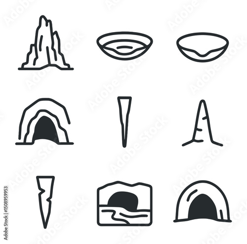 Karst Landscape Icons. Outline icon set of karst landscapes: limestone tower, sinkhole, doline depression, cave entrance,