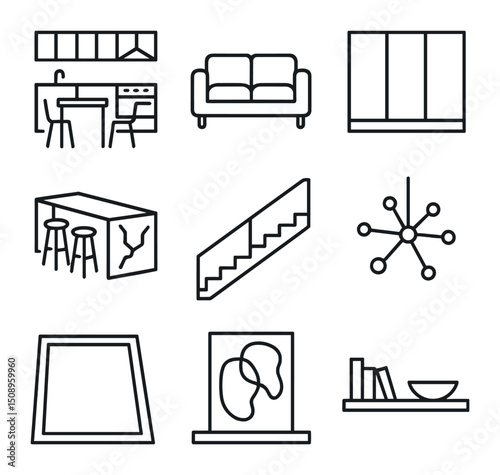 Penthouse Interior Icons. Outline icon set of modern penthouse interiors: open-plan kitchen, minimalist sofa, floor-to-ceiling