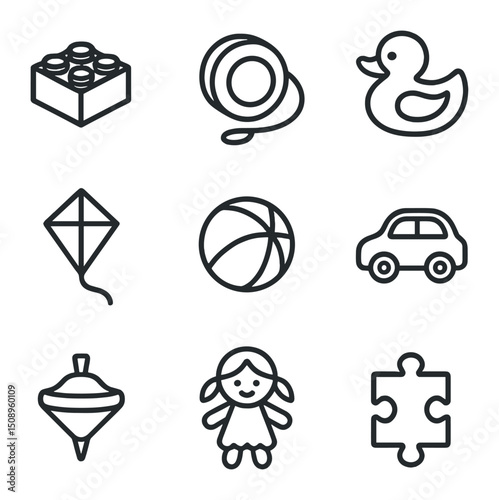 Kids' Toys Icons. Outline icon set of kids’ toys: building block, yo-yo, rubber duck, kite, bouncy ball, toy car, spinning top,