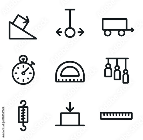Physics Experiment Icons. Outline icon set of physics motion experiments: inclined plane, pendulum bob, rolling cart, stopwatch,