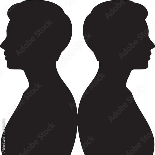 Two silhouetted figures facing opposite directions against a white background in a close up view
