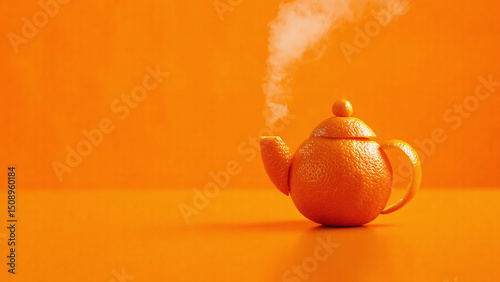 Surreal orange teapot made of orange peel releases visible steam on a bright orange background..