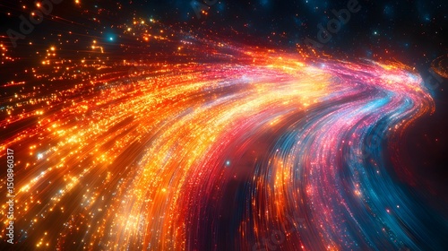 An abstract theme is displayed with vibrant, cosmic radiance. Trails of orange and blue form a swirling galaxy effect, creating a captivating and visually stimulating backdrop.