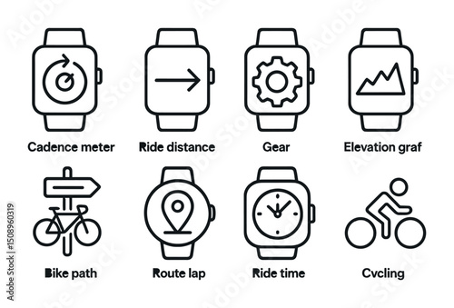 Set of cycling icons featuring cadence, gear, distance, and route indicators