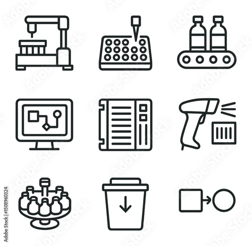 Lab Automation Icons. Outline icon set of lab automation systems: robotic liquid handler, autosampler tray, conveyor belt,