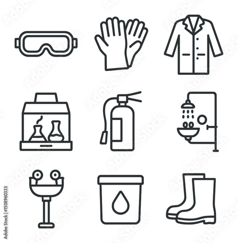 Lab Safety Icons. Outline icon set of lab safety equipment: goggles, gloves, lab coat, fume hood, fire extinguisher, safety shower