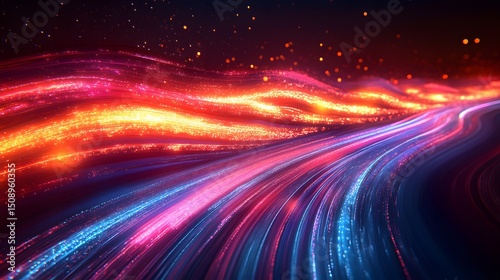 Abstract theme showing a dynamic flow of light trails with a gradient transitioning from warm hues above to cool tones below, conveying a sense of movement and energy.