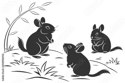 Chinchilla family vector illustration three cute rodents in nature black and white
