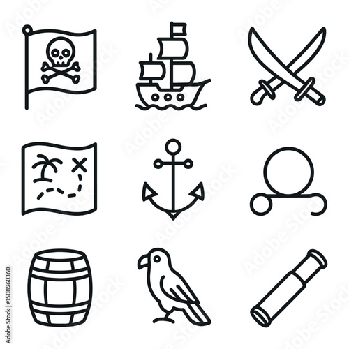 Pirate Voyage Icons. Outline icon set of pirate voyages: skull-and-crossbones flag, pirate ship, cutlass, treasure map, anchor,