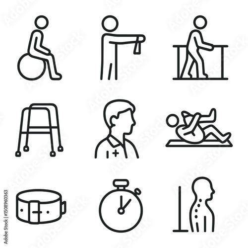 Physiotherapy Exercise Icons. Outline icon set of physiotherapy exercises: exercise ball, resistance band, parallel bars, walking