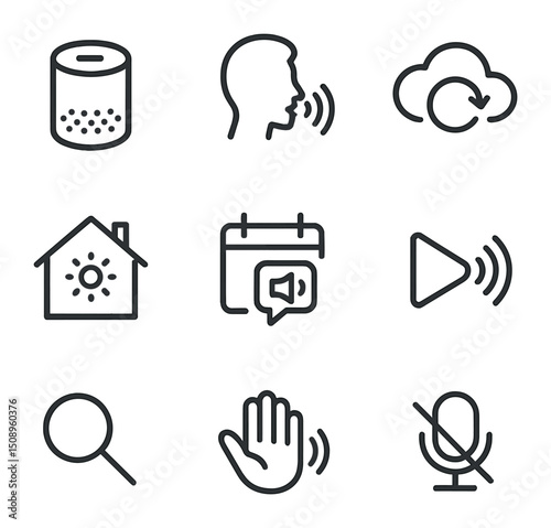 Smart Assistant Icon Set. Outline icon set of smart assistant features: smart speaker, user voice