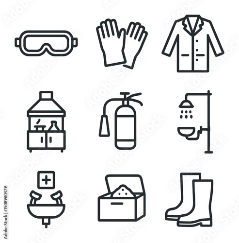 Lab Safety Icons. Outline icon set of lab safety equipment: goggles, gloves, lab coat, fume hood, fire extinguisher, safety shower