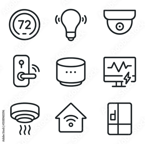 Smart Home Icons. Outline vector icons of smart home devices and features: smart thermostat,