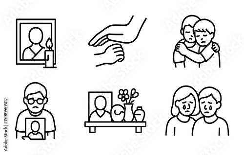 Mourning and support concepts with emotional line art illustrations
