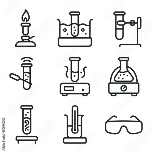 Laboratory Tools Icons. Outline icon set of heating and mixing in test tubes: Bunsen burner, water bath, test tube clamp, vortex