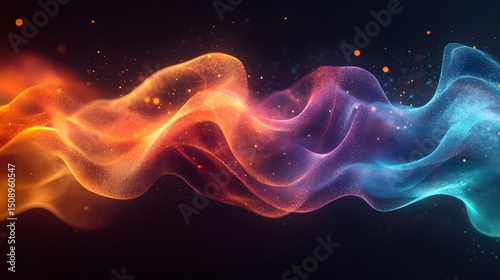 Vibrant waves create an abstract theme, flowing through a dark expanse with radiant orange, gold, and teal colors. An illustration for a captivating visual narrative.