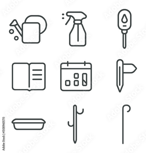 Plant Care Icons. Outline icon set of monitoring and care: watering can, spray bottle, moisture meter, thermometer, notebook,