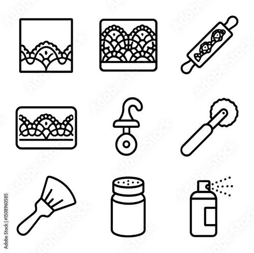 Lace Embossing Icon Set. Outline icon set of lace pattern embossing: lace stencil, embossing mat, rolling pin, silicone mold,