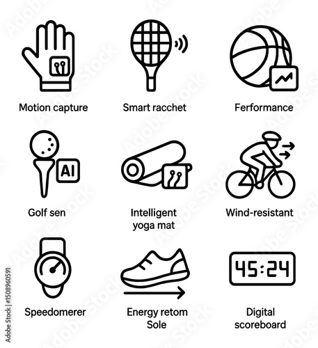 Smart Sports Gear Icons. Outline icon set of tech-integrated sports accessories: motion capture