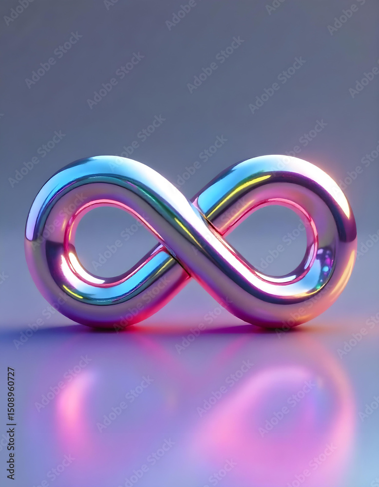 Fototapeta premium A metallic infinity symbol with rainbow reflections, smooth surface, dynamic lighting, vibrant colors, gradient background, futuristic design, abstract art, modern aesthetic, sleek and glossy 