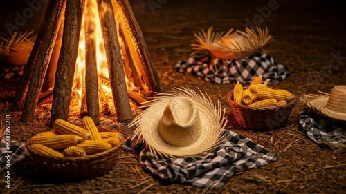 Traditional São João bonfire with straw hats, corn baskets, and checkered cloths on the ground, warm rural festivity atmosphere under soft firelight


