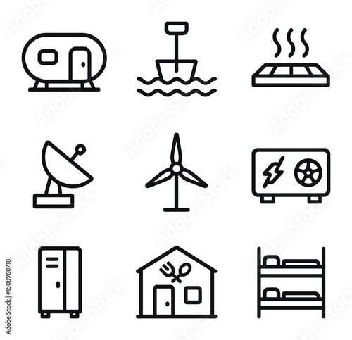 Polar Research Module Icons. Outline icon set of polar research modules: insulated pod, snow anchor, heated flooring, satellite