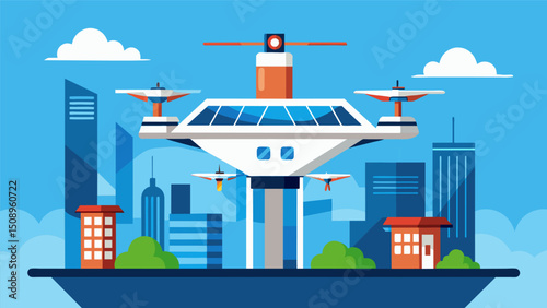 A glimpse of an urban rooftop transformed into a vertical takeoff and landing VTOL port utilizing unused space for sustainable air travel.. Vector illustration