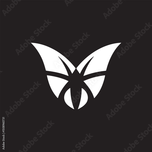 A graphic white butterfly like design with abstract wings on a solid black color background image view