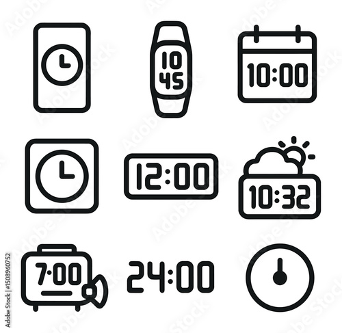 Smart Timekeeping Icons. Outline icon set of smart timekeeping devices: smartphone clock app,