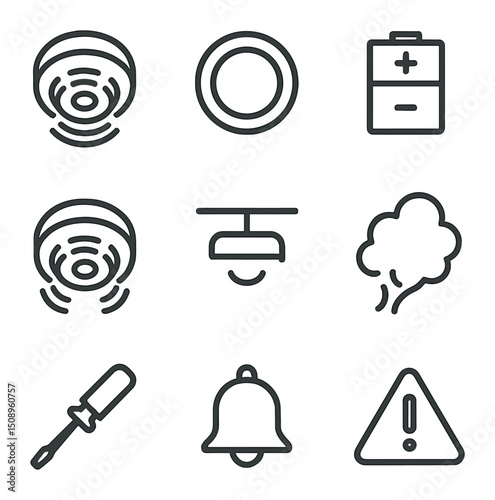 Smoke Alarm Icons. Outline icon set of colorful dessert styling: fruit skewer, sliced peach, berry