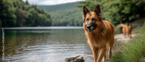 Majestic dog by tranquil waterside