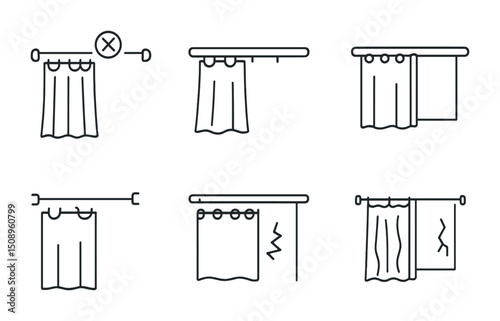Simple curtains installation and maintenance icons for home improvement