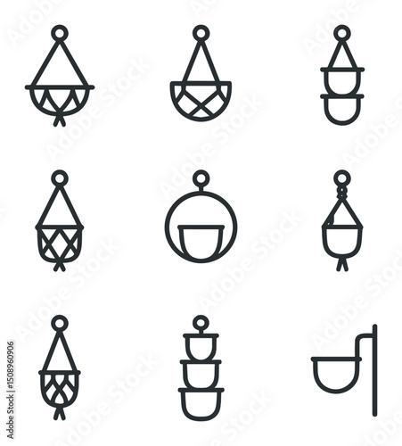 Plant Hanger Icons. Outline icon set of plant hanger designs: cradle hanger, basket holder, multi-tier hanger, diamond pattern