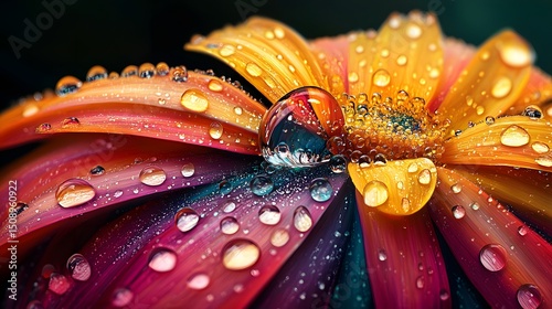 Macro photograph of vibrant flower petals adorned with glistening water droplets creating an abstract theme. Captures the delicate beauty and intricate textures in a visually appealing way.