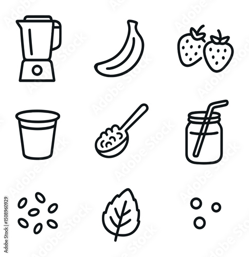 Smoothie Prep Icon Set. Outline icon set of preparing a fruit smoothie with yogurt and granola