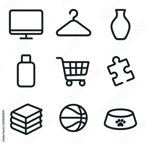 Product Category Icons. Outline icon set of product categories: electronics, clothing hanger, home décor vase, beauty bottle,