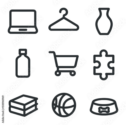 Product Category Icons. Outline icon set of product categories: electronics, clothing hanger, home décor vase, beauty bottle,