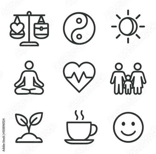 Life Balance Icons. Outline icon set of life balance and fulfillment: scale with heart and briefcase, yin-yang, sun and moon, yoga