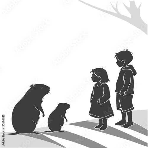 Curious children watching groundhogs illustration with silhouettes in black white and gray