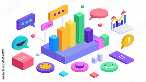 A 3D data visualization showing the impact of social media conversations on consumer trends and purchasing decisions with different colors representing sentiment and intensity of. Vector illustration