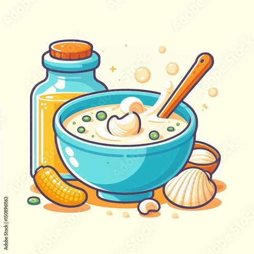 Cartoon depiction of corn chowder with a bottle of oil corn and a clamshell