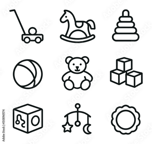 Playful Toy Icons. Outline icon set of playful toys: push toy, ride-on horse, stacking rings, ball, plush teddy, building blocks,