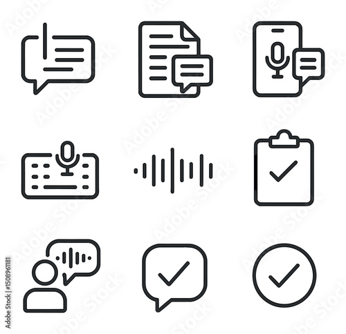 Speech-to-Text Icons. Outline icon set of speech-to-text applications: typing cursor, document icon,