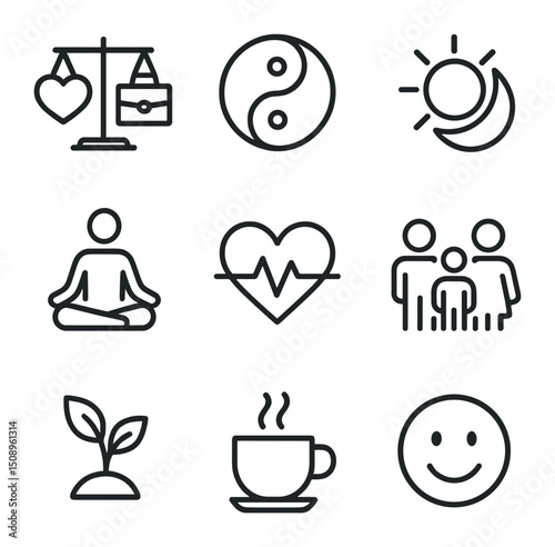 Life Balance Icons. Outline icon set of life balance and fulfillment: scale with heart and briefcase, yin-yang, sun and moon, yoga
