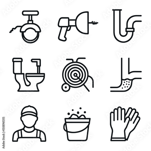 Plumbing Tools Icons. Outline icon set of drain snaking: hand auger, motorized drum, sink drain, toilet drain, cable reel, clog