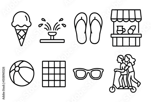 Summer fun outline icons for travel and vacation design projects