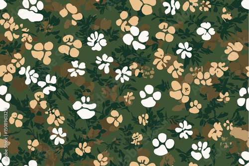 Camouflage leopard vector seamless pattern on beige background.A camouflage pattern with paw prints, designed for military or tactical applications