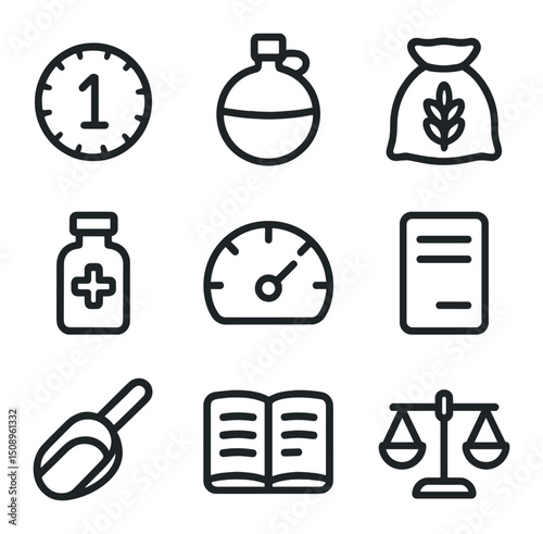 Rationing Tools Icons. Outline icon set of resource rationing tools: wooden ration token, water flask, grain sack, medicine vial,