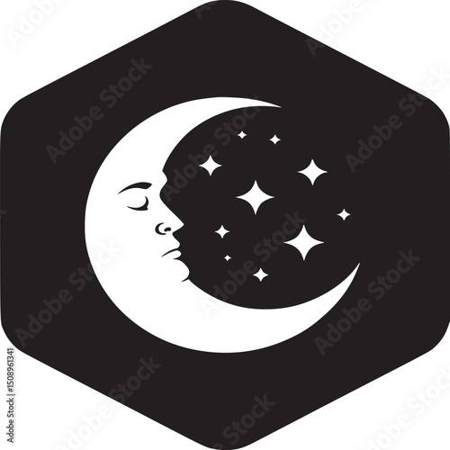 A black hexagon containing a white crescent moon with a face and stars inside it illustration